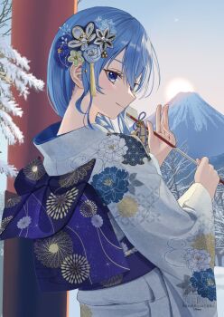 1girl arrow_(projectile) blue_eyes blue_hair braid braided_ponytail closed_mouth commentary_request day double-parted_bangs floral_print floral_print_kimono flower grey_kimono hair_between_eyes hair_flower hair_ornament hamaya highres holding holding_arrow hololive hoshimachi_suisei japanese_clothes kimono low_side_ponytail nakaneabura8623 obi print_kimono sash sidelocks smile snow solo star_(symbol) star_in_eye sun symbol_in_eye virtual_youtuber