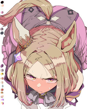 1girl animal_ears ass bare_shoulders blonde_hair blush closed_mouth commentary_request dress ear_covers ear_ornament gradient_eyes horse_ears horse_girl horse_tail long_sleeves looking_at_viewer multicolored_eyes narita_top_road_(the_proud_road)_(umamusume) narita_top_road_(umamusume) purple_dress purple_eyes short_hair single_ear_cover solo sweat tail toriga_naku umamusume