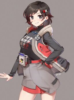 1girl alternate_costume bc98_48280 belle_(zenless_zone_zero) belle_(zenless_zone_zero)_(cosplay) black_jacket blush breasts brown_hair cosplay cowboy_shot earrings flower grey_background grey_eyes grey_flower grey_rose grin hair_ornament hairclip hand_on_own_hip highres hood hood_down hoodie jacket jewelry long_sleeves looking_at_viewer medium_breasts medium_hair miniskirt multicolored_hair open_clothes open_jacket pleated_skirt red_hair rose ruby_rose rwby short_hair signature simple_background skirt smile smirk solo standing streaked_hair stud_earrings vest zenless_zone_zero