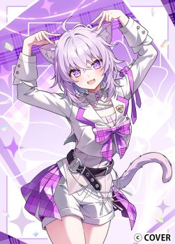 1girl ahoge animal_ears arms_up belt black_belt bow bowtie cat_ears cat_girl cat_tail chest_bow commentary_request copyright_notice cropped_jacket crossed_bangs detached_collar double-parted_bangs double_v hair_between_eyes hololive jacket kheng_(k_heng1223) lapel_pin lapels looking_at_viewer miniskirt nekomata_okayu notched_lapels official_alternate_costume official_art overskirt plaid_bow plaid_clothes plaid_skirt pleated_skirt purple_bow purple_bowtie purple_eyes purple_hair purple_skirt shirt short_hair skirt sleeve_cuffs solo tail v vest virtual_youtuber white_jacket white_shirt white_vest