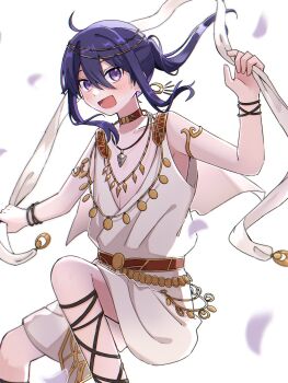 1boy :d ahoge ancient_greek_clothes armlet belt blurry blurry_background blurry_foreground blush bracelet brown_belt brown_choker choker collarbone double-parted_bangs earrings ensemble_stars! falling_petals feet_out_of_frame floating floating_hair gladiator_sandals gold_armlet gold_belt gold_earrings gold_necklace greco-roman_clothes hair_between_eyes happy highres himation hoop_earrings jewelry kanzaki_souma knees_up lone_nape_hair long_hair male_focus multiple_bracelets multiple_necklaces necklace official_alternate_costume open_mouth pectoral_cleavage pectorals petals ponytail purple_eyes purple_hair sako_nako sandals sidelocks simple_background smile solo tunic white_background white_tunic