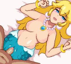 1boy 1girl :d animated bangle blonde_hair blue_eyes blush bouncing_breasts bracelet breasts earrings gomadare_(310329) hair_between_eyes heart hetero jewelry large_breasts long_hair looping_animation lying mario_(series) mermaid mermaid_peach monster_girl monsterification navel necklace nintendo nipples nude on_back open_mouth pearl_earrings pearl_necklace pixel_art princess_peach princess_peach:_showtime! pussy sex smile solo_focus sphere_earrings spoken_heart stomach tagme ugoira vaginal video