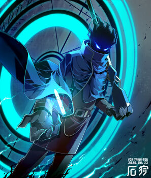 1boy belt belt_buckle black_fire black_skin black_tunic blue_cloak buckle bullet claws cloak colored_skin commentary_request curled_fingers dated der_freischuetz_(project_moon) energy feet_out_of_frame fire flaming_eyes flaming_head floating_cape glowing glowing_eyes glowing_object grey_background gun high_collar highres holding holding_gun holding_weapon lobotomy_corporation long_sleeves male_focus object_floating_above_hand over_shoulder project_moon rifle sigil signature solo standing tundra_14 tunic weapon weapon_over_shoulder