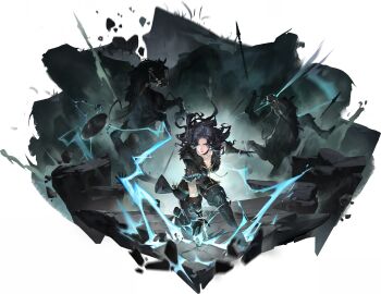 1girl 2others absurdres belt black_choker black_gloves black_hair black_pants boots border breasts brown_belt choker cleavage electricity electrokinesis fighting fur_trim game_cg gloves highres horse knee_boots long_hair mole mole_under_mouth multiple_others non-web_source official_art on_one_knee pants purple_eyes shield solo_focus sword_of_convallaria the_witcher_(series) the_witcher_3 transparent_border yennefer_of_vengerberg