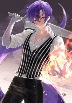 1boy absurdres black_pants black_vest closed_mouth collared_shirt commentary cowboy_shot dragon_boy dragon_tail english_commentary fire flaming_hand hair_between_eyes heterochromia highres holding holding_sword holding_weapon long_bangs looking_at_viewer male_focus mila_(milaart12) orange_eyes original pants purple_hair pyrokinesis scales scar scar_on_chest shirt short_hair signature sleeves_pushed_up smile solo striped_clothes striped_vest sword tail vertical-striped_clothes vertical-striped_vest vest weapon white_shirt yellow_eyes