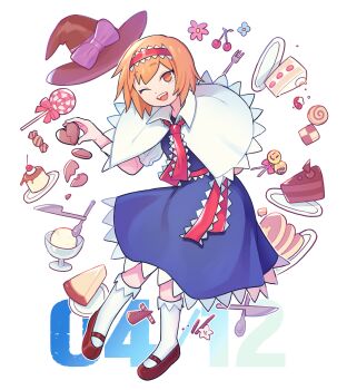1girl @_@ alice_margatroid black_headwear blue_dress bow broken_heart brown_shoes butter cake candy capelet checkerboard_cookie cherry chocolate chocolate_cake chocolate_heart collared_capelet commentary cookie cookie_(touhou) dress flower food fork frilled_capelet frilled_dress frilled_neckwear frilled_sash frills fruit full_body hairband hat hat_bow heart highres hinase_(cookie) hita_(hizokuseikogeki) ice_cream knife lollipop long_hair looking_at_viewer mary_janes necktie open_mouth orange_eyes orange_hair pancake pie plate pudding purple_bow red_necktie red_sash sash shoes short_hair smile socks solo spoon strawberry_shortcake touhou transparent_background vanilla white_capelet white_socks witch_hat wrapped_candy