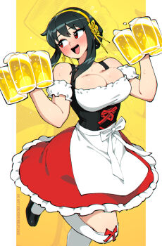 1girl alcohol alternate_costume apron bare_shoulders barmaid beer beer_mug black_hair blush breasts cleavage cup dirndl dress frilled_dress frills german_clothes hairband holding holding_cup large_breasts long_hair mug open_mouth qewie red_dress red_eyes sidelocks spy_x_family sweat white_apron yor_briar
