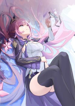 1girl bird black_shorts black_thighhighs blue_eyes breasts cleavage closed_mouth corset dress elysia_(honkai_impact) elysia_(miss_pink_elf)_(honkai_impact) hair_between_eyes hair_ornament highres holding honkai_(series) honkai_impact_3rd large_breasts long_hair pink_hair short_shorts shorts smile solo thighhighs thighs very_long_hair white_corset yanjie
