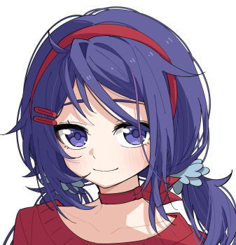 Rule 34 | 1girl, absurdres, alephan, blush, choker, closed mouth, collarbone, commentary, crazy mita (miside), hair ornament, hairband, hairclip, highres, looking at viewer, low twintails, miside, mita (miside), portrait, purple eyes, purple hair, red choker, red hairband, simple background, smile, solo, twintails, upper body, white background