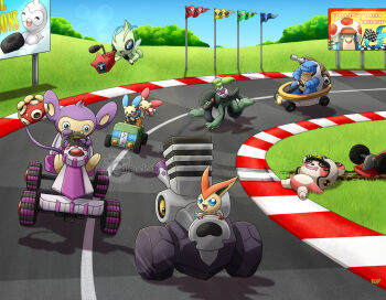 Rule 34 | @ @, aipom, artist name, billboard, blastoise, blue eyes, blue sky, camera, castform, castform (normal), celebi, charjabug, checkered flag, closed mouth, commentary, company connection, crash, crossover, cyclizar, day, dirt, drooling, english commentary, english text, fangs, flag, flying, gen 1 pokemon, gen 2 pokemon, gen 3 pokemon, gen 4 pokemon, gen 5 pokemon, gen 7 pokemon, go-kart, grass, grey helmet, helmet, highres, holding, holding camera, holding microphone, holding shell, legendary pokemon, lens flare, lying, mario (series), mario kart, microphone, mouth drool, mythical pokemon, nacli, nintendo, on back, open mouth, outdoors, palkia, palpitoad, pokemon, prehensile tail, racetrack, riding, riding pokemon, rotom, rotom dex, running, shell, shuckle, signature, sky, smile, spinda, spiral-only eyes, steenee, tail, thecalendork, varoom, victini, watermark