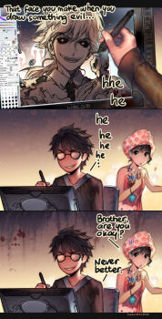 Rule 34 | 1boy, 1girl, artist name, artist self-insert, bare arms, bare shoulders, black hair, black sclera, black shirt, blood, blush, brother and sister, collared shirt, colored sclera, comic, commentary, dated, drawing, drawing tablet, english commentary, english text, evil grin, evil smile, glasses, grin, highres, holding, holding stylus, kawacy, long sleeves, naked towel, necktie, opaque glasses, original, parted lips, red eyes, shampoo bottle, shirt, siblings, smile, steam, stylus, sweatdrop, torn clothes, torn necktie, torn shirt, towel, towel on head, v-shaped eyebrows, wacom