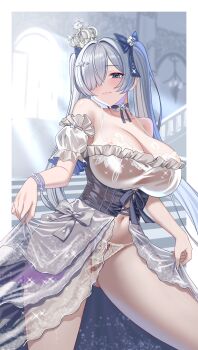 1girl absurdres bare_shoulders blue_eyes blush bow breasts cinderella_(glass_princess)_(nikke) cinderella_(nikke) cleavage closed_mouth crown dress goddess_of_victory:_nikke hair_bow hair_ornament hair_over_one_eye highres kizakura_art lace lace-trimmed_panties lace_trim large_breasts long_hair looking_at_viewer mini_crown official_alternate_costume panties see-through_clothes see-through_dress smile solo twintails underwear very_long_hair white_dress white_hair white_panties