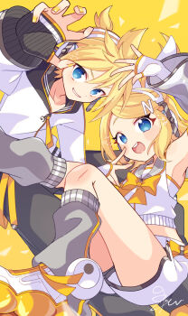 1boy 1girl :d arm_warmers armpits bare_shoulders blonde_hair blue_eyes bow bowtie brother_and_sister commentary double-parted_bangs fingerless_gloves gloves grey_sailor_collar grey_socks hair_between_eyes highres jacket kagamine_len kagamine_rin kneehighs kusunokimizuha looking_at_viewer open_mouth parted_bangs sailor_collar shirt shoes short_hair short_shorts shorts siblings sleeveless sleeveless_shirt sleeves_past_wrists smile socks twins vocaloid white_gloves white_jacket white_shirt white_shoes white_shorts yellow_background yellow_bow yellow_bowtie