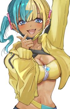 1girl :d absurdres arm_up blue_eyes breasts canari_(pokemon) chika_(ch1k4) cleavage commentary_request fang hand_up happy highres hood hood_down hooded_jacket jacket long_sleeves mask mask_pull mouth_mask multicolored_hair navel nintendo open_clothes open_jacket open_mouth pokemon pokemon_legends:_z-a smile solo twintails upper_body yellow_jacket zipper zipper_pull_tab