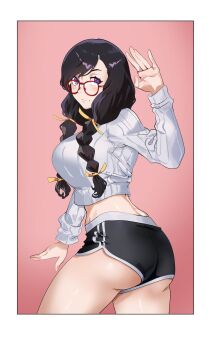 Rule 34 | 1girl, absurdres, alternate costume, ass, black hair, black shorts, border, braid, breasts, closed mouth, commentary, cowboy shot, cropped sweater, dolphin shorts, firstdayiyui, from side, glasses, gradient background, hair ribbon, hand up, hanekawa tsubasa, highres, large breasts, long hair, long sleeves, looking at viewer, monogatari (series), pink background, red-framed eyewear, ribbon, short shorts, shorts, solo, sweater, twin braids, waving, white border, white sweater, yellow ribbon