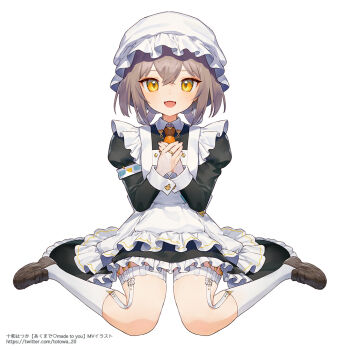 1girl :d ainy apron black_dress blush brown_hair brown_shoes collared_dress commentary_request contrast_collar double-parted_bangs dress fangs frilled_apron frilled_dress frills full_body hair_between_eyes hat indie_virtual_youtuber jewelry juliet_sleeves kneehighs loafers long_sleeves looking_at_viewer maid mob_cap necktie open_mouth orange_necktie own_hands_together puffy_sleeves ring shoes short_hair short_necktie simple_background sitting smile socks solo thigh_strap totowa_hatsuka virtual_youtuber wariza watermark web_address white_apron white_background white_hat white_socks yellow_eyes