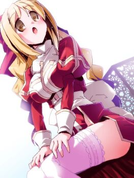 1girl 2000s_(style) :o back_bow blonde_hair blush bow breasts commentary_request cross dress dutch_angle feet_out_of_frame folding_screen frilled_thighhighs frills hair_bow hands_on_own_knees high_priest_(ragnarok_online) juliet_sleeves large_breasts long_sleeves looking_afar miuku_(marine_sapphire) open_mouth puffy_sleeves ragnarok_online red_bow red_dress sash sitting solo thighhighs two-tone_dress white_background white_bow white_dress white_sash white_thighhighs yellow_eyes