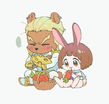 ... 1boy 1girl basket bear_boy blonde_hair blue_neckerchief brown_eyes carrot crossed_arms eating furrification furry furry_female furry_male gamagoori_ira kill_la_kill mankanshoku_mako neckerchief qin_(7833198) rabbit_girl shirt short_hair simple_background sitting spoken_ellipsis white_background white_shirt