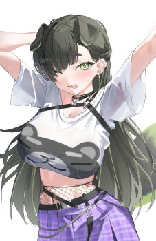 absurdres arms_up barbell_piercing belt black_belt black_hair blush braid braided_bangs breasts cleavage commentary_request cowboy_shot crop_top cropped_shirt ear_piercing earrings eyebrows_hidden_by_hair fishnets gingham_clothes gingham_skirt green_eyes highres huge_breasts industrial_piercing jewelry korean_commentary long_hair looking_at_viewer navel one_eye_closed open_mouth otono_sori over_the_wall piercing pigpotato print_shirt purple_skirt shirt short_sleeves simple_background skirt standing stomach stretching t-shirt virtual_youtuber white_background white_shirt