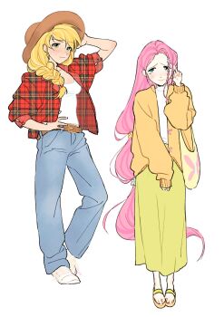 Rule 34 | 2girls, animal print, applejack, bag, belt, blonde hair, blue eyes, braid, butterfly print, cardigan, cowboy hat, denim, flannel, fluttershy, freckles, full body, green eyes, hand on headwear, hand on own hip, hand up, hat, highres, jeans, long hair, long skirt, long sleeves, looking to the side, mishakrovosisya, multi-tied hair, multiple girls, my little pony, my little pony: friendship is magic, open cardigan, open clothes, pants, personification, plaid clothes, plaid shirt, sandals, shirt, skirt, sleeves past wrists, sleeves pushed up, smile, sweater, tote bag, tucking hair, turtleneck, turtleneck sweater, very long hair