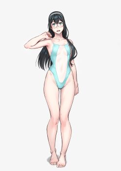 1girl aqua_one-piece_swimsuit bare_legs black_hair breasts collarbone competition_swimsuit full_body glasses gluteal_fold green_eyes hairband highres kantai_collection long_hair looking_at_viewer one-piece_swimsuit ooyodo_(kancolle) open_mouth semi-rimless_eyewear solo swimsuit two-tone_swimsuit white_background white_one-piece_swimsuit yuuji_(and)