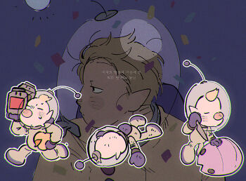 Rule 34 | 1boy, backpack, bag, black eyes, blonde hair, blue background, blue bag, blue gloves, blush stickers, buttons, closed eyes, closed mouth, confetti, dirty, dirty clothes, female sheargrub, forehead, gloves, helmet, highres, holding, holding jacket, holding knife, holding rubber duck, holding unworn clothes, humanization, jacket, juice, knife, korean text, looking to the side, louie (pikmin), lying, male focus, messy hair, multiple views, nintendo, on stomach, outline, pikmin (series), pikmin 3, pointy ears, pointy nose, radio antenna, rubber duck, running, short hair, space helmet, spacesuit, sweat, translation request, unusually open eyes, unworn jacket, very short hair, whistle, white outline, yu pikmin