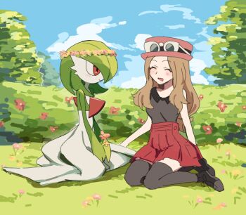 1girl black_thighhighs blue_sky bob_cut brown_hair closed_eyes commentary_request dress eyewear_on_headwear flower flower_wreath gardevoir gen_3_pokemon green_hair hat highres kuru_(4rfw7) long_hair nintendo pink_hat pokemon pokemon_(creature) pokemon_xy red_eyes red_skirt serena_(pokemon) sitting skirt sky smile thighhighs white_dress