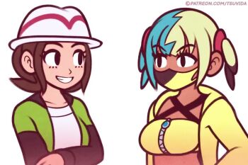 3girls animated blonde_hair blue_eyes canari_(pokemon) constricted_pupils dark-skinned_female dark_skin grin gwynn_(pokemon) harmony_(pokemon) hat jacket kiss long_sleeves looking_at_another mask mask_pull mole mole_under_eye motion_blur mouth_mask multicolored_hair multiple_girls nintendo open_clothes open_jacket pokemon pokemon_legends:_z-a purple_hair shirt smile sound split-color_hair surprise_kiss surprised tagme tsuvida two_side_up upper_body video watermark web_address yuri zipper zipper_pull_tab