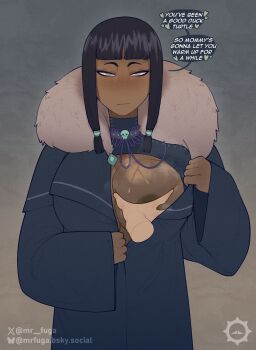 1girl artist_logo avatar_legends black_hair blue_background blue_eyes blue_robe bluesky_logo bluesky_username blunt_bangs blunt_sidelocks blush breasts dark-skinned_female dark_skin deep_skin english_text eska_(avatar) facing_viewer fur-trimmed_robe fur_collar fur_trim gradient_background groping half-closed_eyes hand_on_another's_chest heart hetero highres lace_collar large_breasts light_smile logo looking_at_viewer mrfuga no_nose open_clothes open_robe orange_background pov pov_hands robe sidelocks skull_collar smirk solo solo_focus speech_bubble spoken_heart stitching the_legend_of_korra twitter_logo twitter_username upper_body wide_sleeves