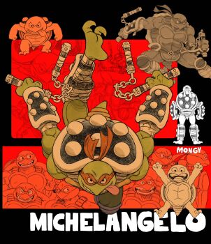 1boy aged_down arm_guards armor aten_man barefoot belt character_name colored_skin dual_wielding eye_mask fewer_digits full_body green_skin grin highres holding holding_nunchaku holding_weapon knee_pads looking_at_viewer male_focus mask michelangelo_(tmnt) multiple_views muscular muscular_male ninja nunchaku open_mouth orange_mask red_background redesign reptile_boy shin_guards single_letter smile tail teenage_mutant_ninja_turtles tongue tongue_out turtle_boy turtle_shell v-shaped_eyebrows weapon