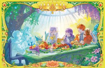 2boys 2girls absurdres banana beard blue_eyes blue_flower book bread candle candlestand capelet chair cup dome drinking_glass eisen_(sousou_no_frieren) facial_hair fake_horns fern_(sousou_no_frieren) flower food frieren fruit garlic grapes grey_hair heiter helmet highres himmel_(sousou_no_frieren) himmel_statue holding holding_book holding_cup holding_spoon horns jacket leaf lemon lemon_slice multiple_boys multiple_girls orange_(fruit) plant pointy_ears pomegranate purple_eyes purple_flower purple_hair red_eyes red_hair red_jacket ribs_(food) sitting sousou_no_frieren spoon stark_(sousou_no_frieren) statue sweater table tomato tree twintails upper_body white_capelet white_sweater wisteria yukinnn