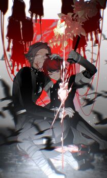 2boys absurdres ahoge aizendai aotsuki_eito armband black_boots black_jacket black_pants black_streaks blood blood_bag blood_on_face blue_eyes boots chinese_commentary commentary_request eyeliner flower gakuran geta glasses gloves hand_on_another&#039;s_head hand_on_own_hip heart_(organ) highres holding holding_sword holding_weapon jacket last_defense_academy_school_uniform looking_at_self looking_at_viewer makeup male_focus multicolored_hair multiple_boys pants praying_mantis purple_eyes red_eyeliner red_hair school_uniform self-harm short_hair sitting smile stab streaked_hair sumino_takumi sword the_hundred_line_-last_defense_academy- variant_set weapon white_armband white_gloves yaoi