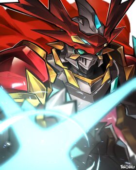 Rule 34 | armor, artist logo, blue eyes, cape, digimon, digimon (creature), dukemon, dukemon x-antibody, helmet, highres, knight, logo, looking at viewer, red cape, simple background, sinobali, solo, upper body, white armor, white background, white helmet