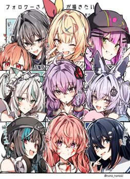 6+girls ahoge animal_ear_fluff animal_ears aqua_streaks asanagi_yori beret black_hair black_hat blonde_hair blood blood_on_face blue_eyes blush character_name cigarette commentary_request crown_hair_ornament earrings followers_favorite_challenge green_eyes grey_eyes hair_intakes hair_ornament hairclip hat headphones headphones_around_neck highres hinamori_anthea hololive hololive_dev_is hoshikawa_sara hoshikawa_sara_(1st_costume) indie_virtual_youtuber jewelry kagari_mimi kimi_ga_shinu_made_koi_wo_shitai kimino_aruji kino_himari mooninkyuu mouth_hold multiple_drawing_challenge multiple_girls nijisanji orange_hair oumi_shiori peaked_cap pink_hair purple_eyes red_eyes rindo_chihaya sasayaku_you_ni_koi_wo_utau tokoyami_towa tokoyami_towa_(1st_costume) twitter_username virtual_youtuber vocaloid voiceroid watashi_wo_tabetai_hitodenashi white_hair yellow_eyes yuzuki_yukari