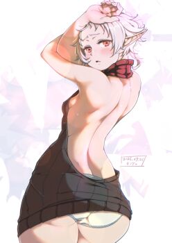 1girl alternate_ass_size alternate_costume arms_up ass back back_focus backless_dress backless_outfit bare_back bare_shoulders black_sweater blush breasts commentary_request cowboy_shot dated dress elf from_behind highres kiyo_(a_sam_ko) lens_flare looking_at_viewer looking_back median_furrow mushoku_tensei no_bra panties parted_lips pointy_ears red_eyes short_hair shoulder_blades sideboob signature sleeveless sleeveless_sweater sleeveless_turtleneck small_breasts solo spine sweater sweater_dress sylphiette_(mushoku_tensei) turtleneck turtleneck_sweater underwear virgin_killer_sweater white_hair white_panties wide_hips