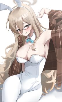 1girl absurdres akane_(blue_archive) akane_(bunny)_(blue_archive) animal_ears arm_up armpits black-framed_eyewear blue_archive blue_bow blue_bowtie bow bowtie breasts brown_halo brown_shawl cleavage commentary_request detached_collar fake_animal_ears glasses halo highres large_breasts leotard official_alternate_costume pantyhose plaid_clothes plaid_shawl playboy_bunny rabbit_ears shawl shiroyo_(shiromeahi) smile solo strapless strapless_leotard traditional_bowtie white_background white_leotard white_pantyhose