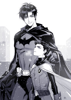 2boys batman batman_(series) belt bodysuit building cape casatalie damian_wayne dc_comics dick_grayson gloves male_focus monochrome multiple_boys robin_(dc) short_hair skyscraper smile snow standing superhero_costume teeth