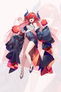 1girl 46_coffee akane_lize bare_legs bare_shoulders black_dress black_shirt black_sleeves breasts cleavage commentary covered_navel detached_sleeves dress earrings frilled_sleeves frills full_body gem grey_eyes hair_over_one_eye highres horns jewelry large_breasts long_hair multicolored_dress open_mouth pienna_(akane_lize) red_gem red_hair shirt sleeves_past_fingers sleeves_past_wrists stellive strapless strapless_dress two-sided_dress two-sided_fabric two-sided_sleeves very_long_hair virtual_youtuber white_dress