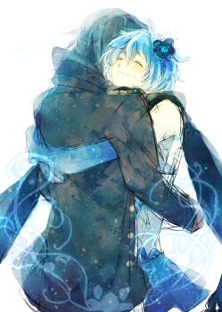 1boy 1girl blue_hair cent_(drag-on_dragoon) couple drag-on_dragoon drag-on_dragoon_3 elbow_gloves flower gloves hair_flower hair_ornament hetero highres hug scarf short_hair sketch smile toa_(minnnasuki) two_(drag-on_dragoon)