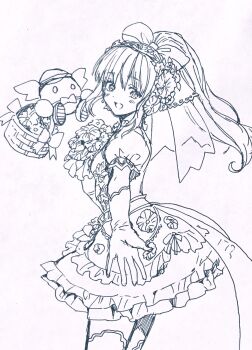 1girl bobot dress elbow_gloves gloves highres long_hair looking_at_viewer monochrome murata_tefu open_mouth ponytail precis_neumann robot simple_background smile star_ocean star_ocean:_anamnesis star_ocean:_the_second_story white_background