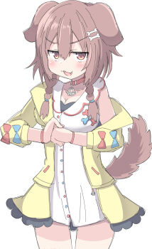 1girl :3 animal_ears blush bone_hair_ornament braid breasts brown_eyes brown_hair cardigan cartoon_bone cleavage commentary dog_ears dog_girl dog_tail dress fang hair_ornament highres hololive inugami_korone inugami_korone_(1st_costume) large_breasts long_sleeves looking_at_viewer open_mouth simple_background solo tail twin_braids umberblack v-shaped_eyebrows virtual_youtuber white_background white_dress yellow_cardigan