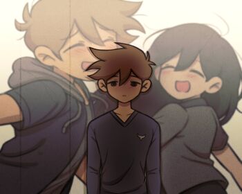 1boy 1girl absurdres alternate_costume antenna_hair black_eyes black_hair blue_jacket blue_sweater blush brown_hair closed_eyes closed_mouth commentary dark-skinned_male dark_skin double-parted_bangs english_commentary grey_shirt hair_between_eyes hero_(faraway)_(omori) hero_(omori) highres hood hooded_jacket jacket long_hair long_sleeves looking_at_viewer mari_(faraway)_(omori) mari_(omori) omori open_clothes open_jacket open_mouth setosexual shirt short-sleeved_jacket short_hair short_sleeves smile sweater tearing_up