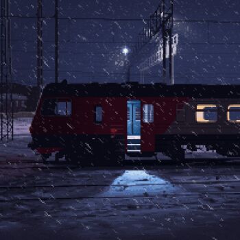 aleha_84 animated animated_gif commentary english_commentary lamppost looping_animation multiple_unit_train night no_humans original outdoors pixel_art power_lines railroad_tracks sky snow snowing train winter