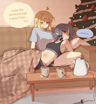 2girls absurdres ahoge black_shorts blonde_hair blue_shirt bocchi_the_rock! christmas christmas_tree couch cup detached_ahoge english_text hair_down highres ijichi_nijika kettle long_hair machuuu68 medium_hair mug multiple_girls navel panties pink_panties red_eyes shirt shorts sports_bra underwear yamada_ryo yellow_eyes yuri