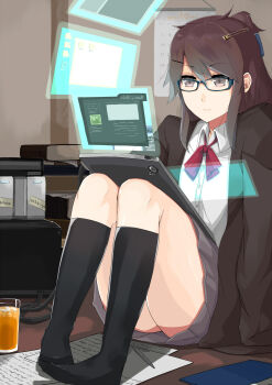 1girl absurdres bad_id bad_pixiv_id brown_eyes brown_hair calendar calendar_(object) female_focus floating_screen glasses hair_ornament hairclip highres masa_(geminiblog) original pen sitting skirt socks solo