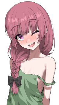1girl bare_shoulders black_bow blunt_bangs blush bocchi_the_rock! bow braid braided_ponytail breasts commentary dress green_dress hair_bow hair_over_shoulder halulu highres hiroi_kikuri long_hair looking_at_viewer one_eye_closed open_mouth pink_hair purple_eyes sharp_teeth simple_background single_braid sleeveless sleeveless_dress small_breasts smile solo strap_slip symbol-only_commentary teeth upper_body upper_teeth_only white_background