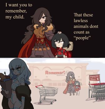 absurdres armor arrow_(symbol) bag black_hair bodypaint bread breasts cape centurii-chan food hair_over_one_eye hand_on_another's_head highres long_hair mother_and_daughter navel no_nipples nude original paper_bag pictish_witch_(anonhistory) red_cape roman_armor shadow shopping_cart sign