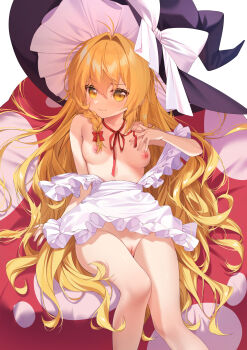 1girl absurdres apron blonde_hair braid breasts cleft_of_venus commentary frilled_skirt frills hat highres kirisame_marisa large_hat long_hair looking_at_viewer maid_apron naked_apron neck_ribbon nipples open_clothes open_shirt poppy_(poppykakaka) pussy ribbon side_braid sitting skirt small_breasts smile solo touhou uncensored variant_set very_long_hair waist_apron white_apron witch_hat yellow_eyes