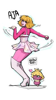 Rule 34 | 1girl, artist name, blonde hair, boots, commentary request, full body, gen 2 pokemon, green eyes, heart, high heel boots, high heels, highres, nintendo, pants, pink boots, pink pants, pink shirt, pink skirt, pokemon, pokemon (creature), portuguese commentary, rupaul's drag race, shirt, simple background, skirt, slowtuffart, smoochum, standing, thigh boots, white background