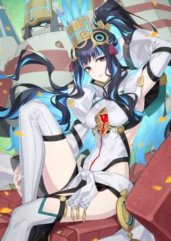 1girl arm_behind_head arm_up aztec black_hair blue_eyes blue_hair blunt_bangs breasts cactus colored_inner_hair facial_mark falling_petals fate/grand_order fate_(series) feather_hair_ornament feathers floating_hair from_side garter_straps hair_ornament headdress high_ponytail highleg highleg_leotard highres knee_up leotard long_hair long_sleeves looking_at_viewer mecha medium_breasts multicolored_hair official_art orange_petals petals ponytail puffy_long_sleeves puffy_sleeves resized robot saitou_hiroki sash see-through_clothes shrug_(clothing) sidelocks smile solo streaked_hair tassel tenochtitlan_(fate) tenochtitlan_(third_ascension)_(fate) thighhighs third-party_edit third-party_source turtleneck two-tone_hair upscaled very_long_hair wavy_hair white_leotard white_sash white_thighhighs wide_ponytail wide_sleeves